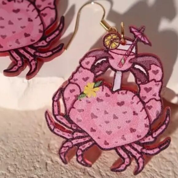 14k CRAB W/ COCKTAIL cute fun whimsical kawaii novelty earrings - Picture 3 of 6